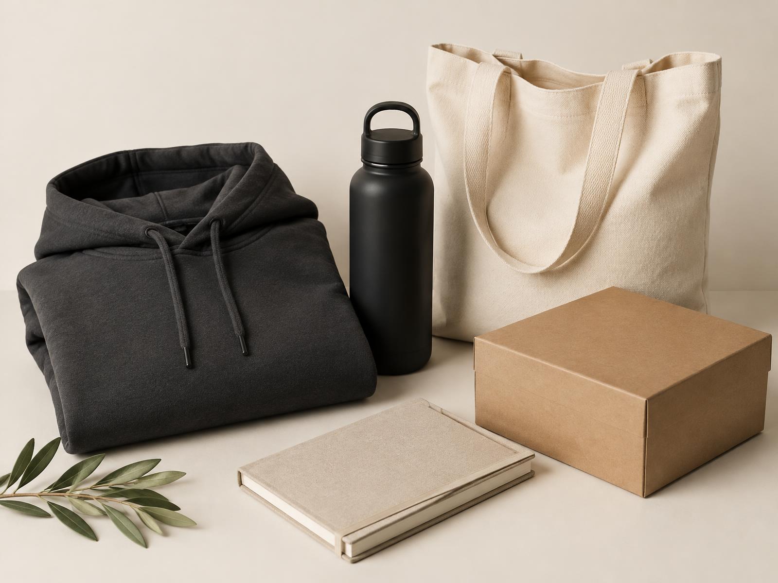 Komposition aus Hoodie, Trinkflasche, Tragetasche, Notizbuch und Geschenkbox auf hellem Hintergrund